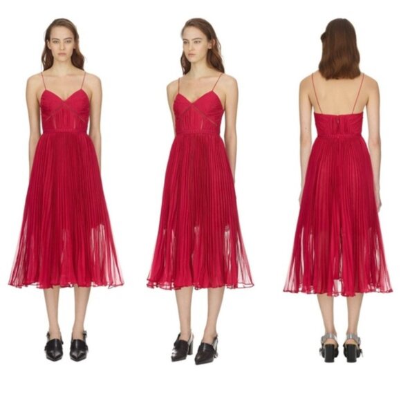 NWT Self-Portrait Fuchsia Pink Pleated Chiffon Midi Dress Size 10 - Picture 4 of 16